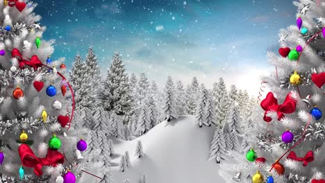 Schnee-Fällt-über-Zwei-Weiße-Weihnachtsbäume-In-Der-Winterlandschaft-Vor-Blauem-Himmel