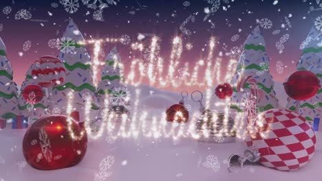 Texto-De-Feliz-Navidad-Y-Copos-De-Nieve-Cayendo-Sobre-Adornos-Navideños-En-El-Paisaje-Invernal