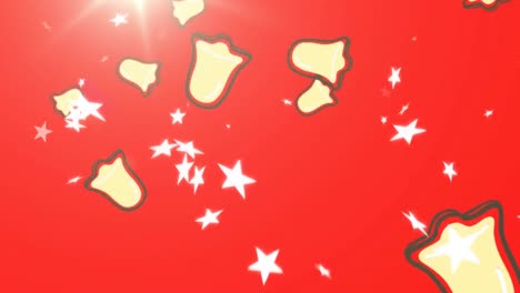 Multiple-bells-and-star-icons-falling-against-spot-of-light-on-red-background