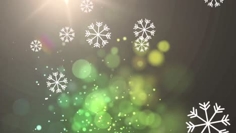 Animation-of-snowflakes-over-glowing-green-spots-on-black-background