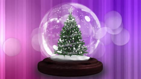 Animation-of-snow-globe-with-christmas-tree-over-glowing-multi-coloured-spots