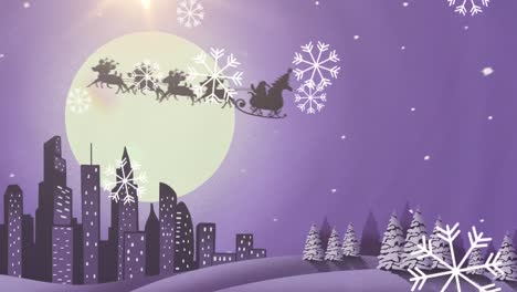 Schneeflocken-Vor-Dem-Weihnachtsmann-Im-Schlitten,-Der-Von-Rentieren-über-Das-Stadtbild-Am-Nachthimmel-Gezogen-Wird