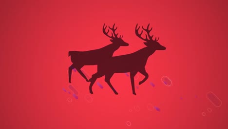 Purple-light-trails-floating-over-black-silhouette-of-two-reindeers-walking-against-red-background