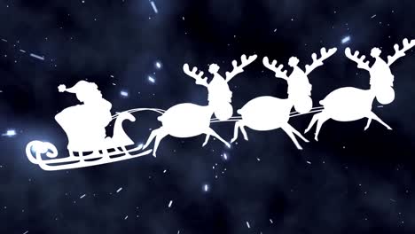 Santa-claus-in-sleigh-being-pulled-by-reindeers-against-light-trails-on-blue-background