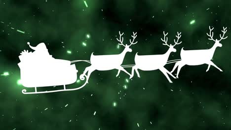 Animation-of-santa-claus-in-sleigh-with-reindeer-over-green-background
