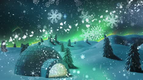 Animation-Von-Schnee,-Der-über-Iglu-Und-Winterlandschaft-Fällt