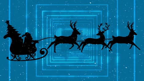 Snow-falling-on-santa-claus-in-sleigh-being-pulled-by-reindeer-and-glowing-tunnel-on-blue-background