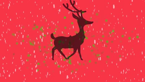 Animation-of-reindeer-over-falling-confetti-on-red-background