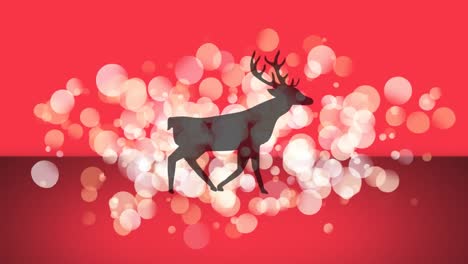 White-spots-of-light-over-black-silhouette-of-reindeer-walking-against-red-background