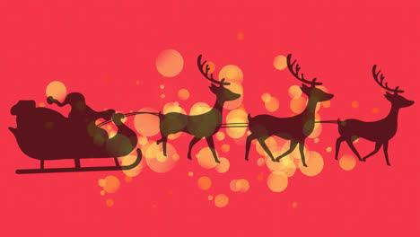 Yellow-spots-of-light-over-santa-claus-in-sleigh-being-pulled-by-reindeers-on-red-background