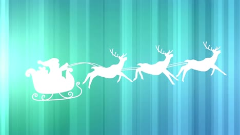 Santa-claus-in-sleigh-being-pulled-by-reindeers-against-light-trails-on-green-background