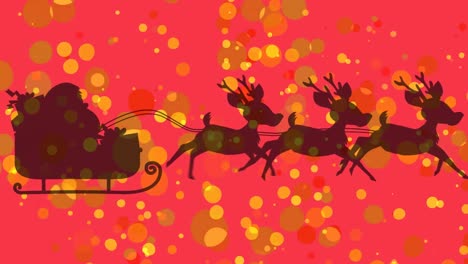 Animation-of-santa-claus-in-sleigh-with-reindeer-over-red-background