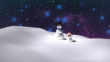 Snow-falling-over-snowman-and-baby-snowman-on-winter-landscape-against-blue-star-icons