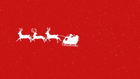 Snow-falling-over-santa-claus-in-sleigh-being-pulled-by-reindeers-against-red-background