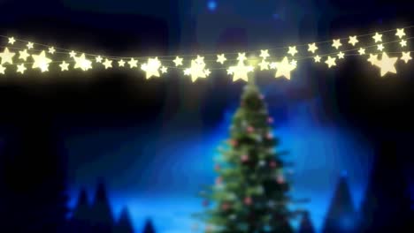 Animation-of-glowing-fairy-lights-over-christmas-tree-and-winter-landscape