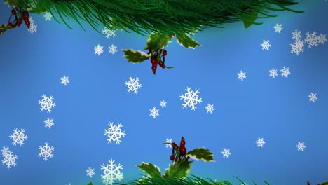 Christmas-wreath-decoration-and-snowflakes-icons-falling-against-blue-background