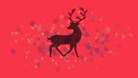 Purple-spots-of-light-over-black-silhouette-of-reindeer-walking-against-red-background