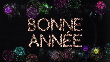 Animation-of-bonne-anne-text-over-fireworks-on-black