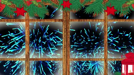 Weihnachtslampe-Und-Hölzerner-Fensterrahmen-Vor-Explodierendem-Feuerwerk-Auf-Schwarzem-Hintergrund