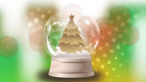Animation-of-snow-globe-with-christmas-tree-over-glowing-multi-coloured-spots
