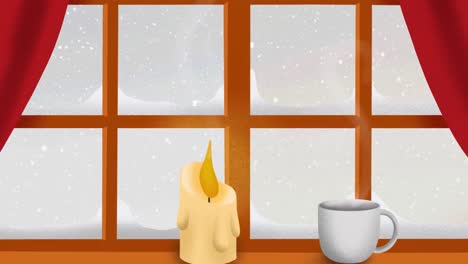 Animation-of-window,-candle-and-mugover-snow-falling