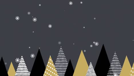 Animation-of-snow-falling-over-trees-on-black-background