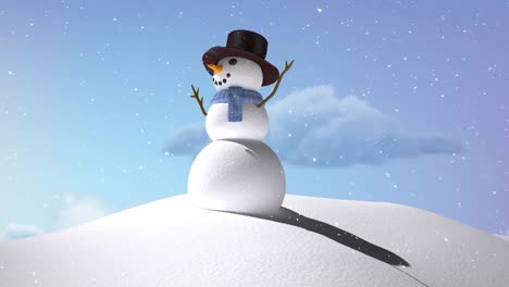 Snow-falling-over-snowman-on-winter-landscape-against-clouds-in-the-blue-sky