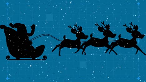 Snow-falling-over-silhouette-of-santa-claus-in-sleigh-being-pulled-by-reindeers-on-blue-background