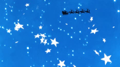 Animation-of-stars-falling-over-santa-claus-in-sleigh-with-reindeer-on-blue-background