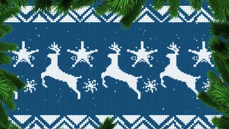 Animation-Eines-Weihnachtsdrucks-über-Tannenzweigen-Auf-Blauem-Hintergrund
