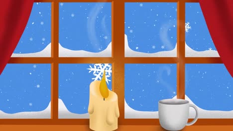 Animation-Von-Fenster,-Kerze-Und-Becher-über-Fallendem-Schnee