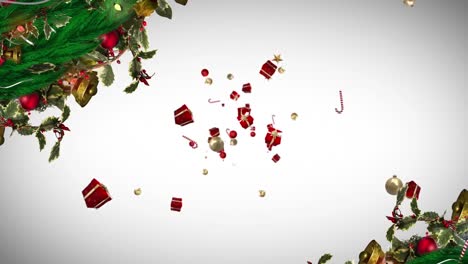 Animation-of-gifts-falling-over-fir-trees-branches-on-white-background