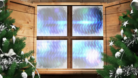 Zwei-Weihnachtsbäume-Und-Holzfensterrahmen-über-Lichtflecken-Und-Lichtspuren-Auf-Schwarzem-Hintergrund