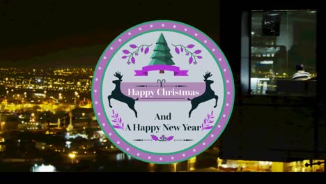 Round-grey-happy-christmas-and-new-year-text-banner-against-aerial-view-of-night-cityscape