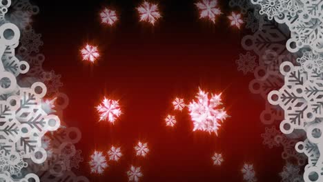 Digital-animation-of-glowing-snowflakes-icons-floating-against-red-background