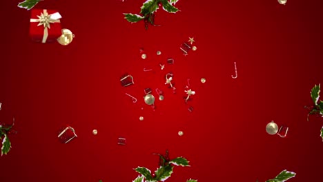Weihnachtskranz-über-Weihnachtsgeschenken,-Kugeln-Und-Zuckerstangen-Symbolen,-Die-Vor-Rotem-Hintergrund-Schweben