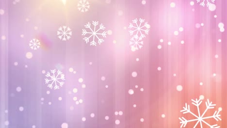 Animation-of-snowflakes-falling-over-glowing-white-spots-on-pink-background