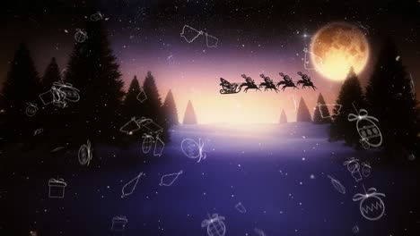 Animation-Von-Weihnachtsartikeln-über-Dem-Weihnachtsmann-Im-Schlitten-Mit-Rentieren-Und-Winterlandschaft