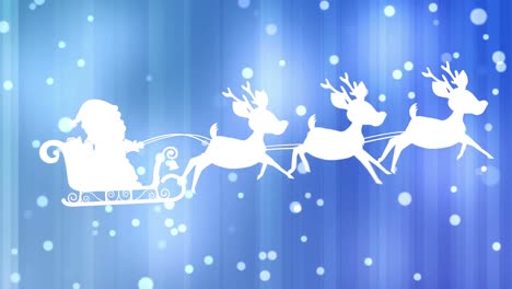 Santa-claus-in-sleigh-being-pulled-by-reindeers-over-white-spots-and-light-trails-on-blue-background