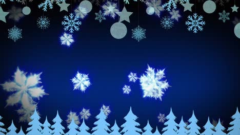 Hängende-Weihnachtsdekorationen-Und-Weihnachtsbaumsymbole-über-Schneeflocken,-Die-Auf-Blauem-Hintergrund-Schweben