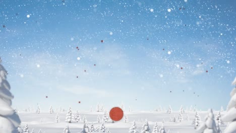 Animación-De-Puntos-Rojos-Cayendo-Sobre-El-Paisaje-Invernal