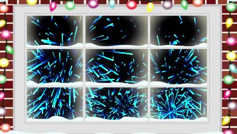 Colorful-fairy-light-decorations-over-window-frame-against-fireworks-exploding-on-black-background