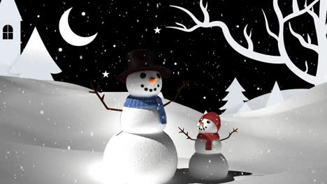 Snow-falling-over-snowman-and-baby-snowman-on-winter-landscape-against-black-background
