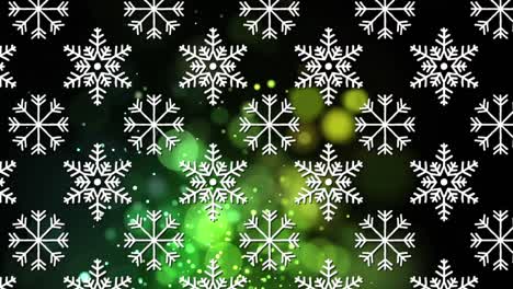 Animation-of-snowflakes-over-glowing-multi-coloured-spots-on-black-background
