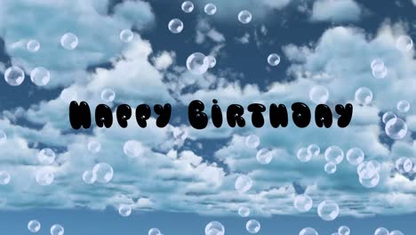 Animation-of-happy-birthday-text-and-soap-bubbles-over-cloudy-sky