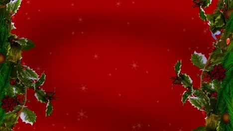 Weihnachtskranzdekoration-Und-Schneeflockensymbole,-Die-Vor-Rotem-Hintergrund-Fallen