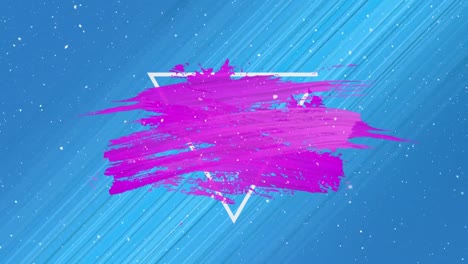 Snow-falling-on-pink-paint-brush-strokes-against-triangle-shapes-and-light-trails-on-blue-background