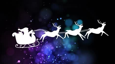 Animation-of-santa-claus-in-sleigh-with-reindeer-over-glowing-multi-coloured-spots