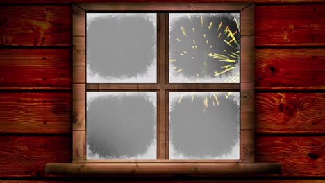 Holzfensterrahmen-Vor-Buntem-Feuerwerk,-Das-Auf-Schwarzem-Hintergrund-Explodiert