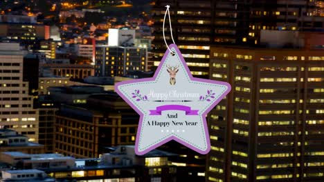 Star-shaped-happy-christmas-and-new-year-text-banner-against-aerial-view-of-night-cityscape